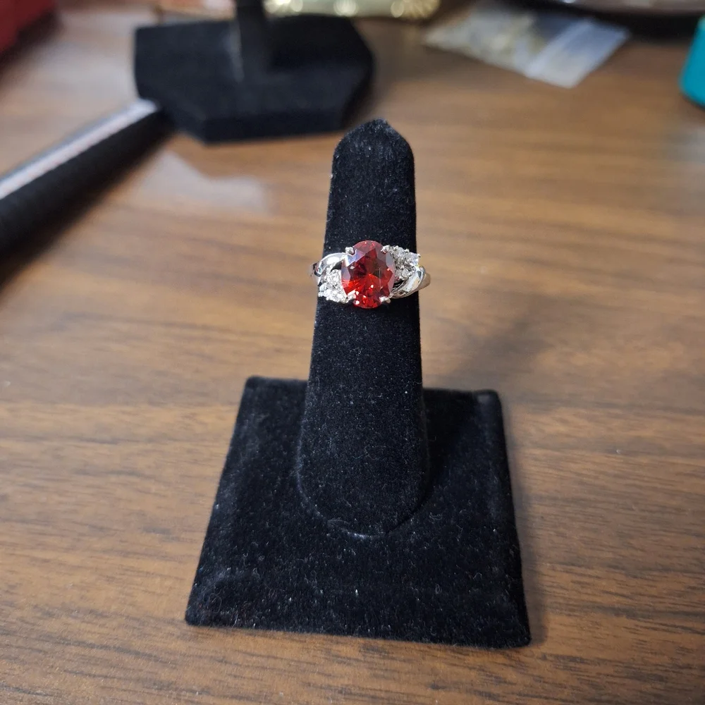 Red Swarovski Crystal Oval Statement Ring Silver Tone